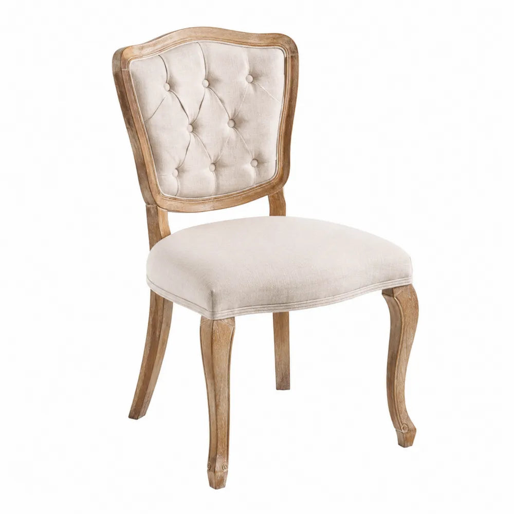 Chaise en bois et tissu beige avec dossier capitonné
