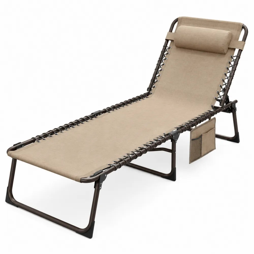 Chaise longue pliante en acier et tissu beige 190 cm