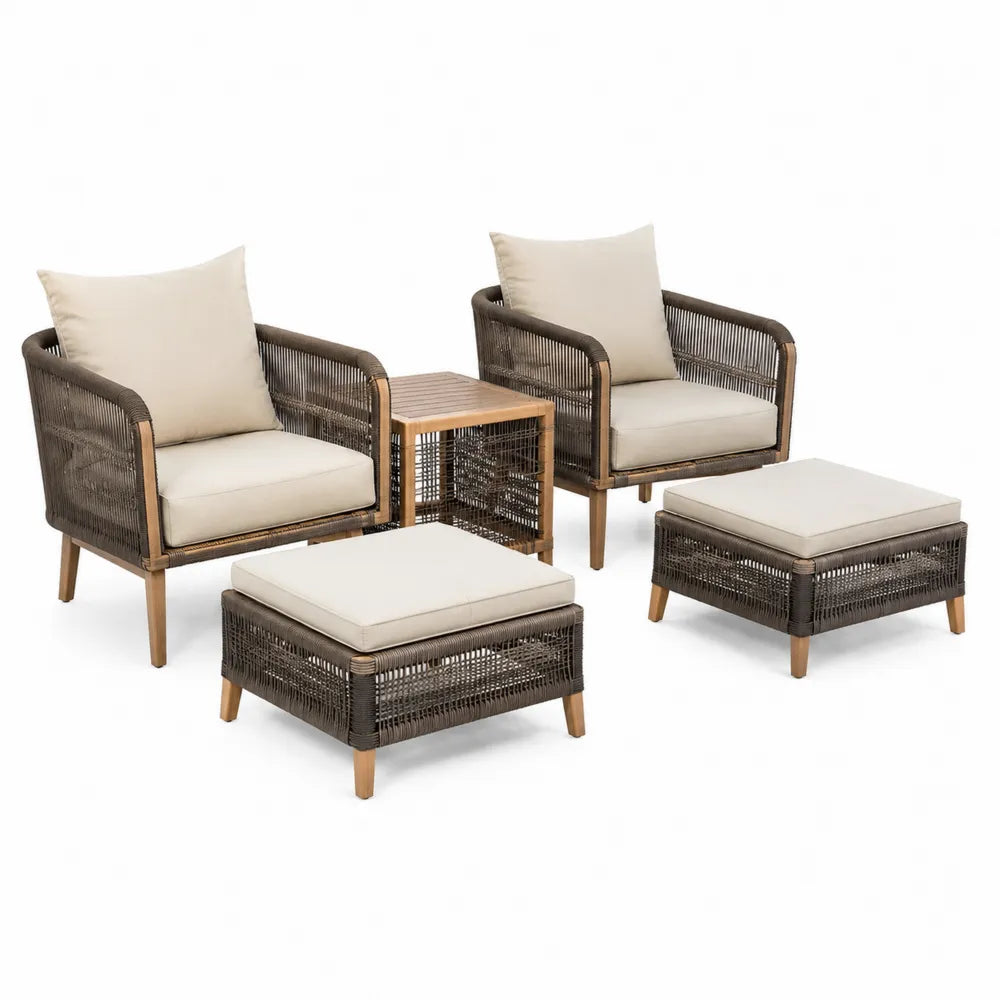 Ensemble de Mobilier de Jardin en Corde, Aluminium et Bois Marron avec Coussins Beiges