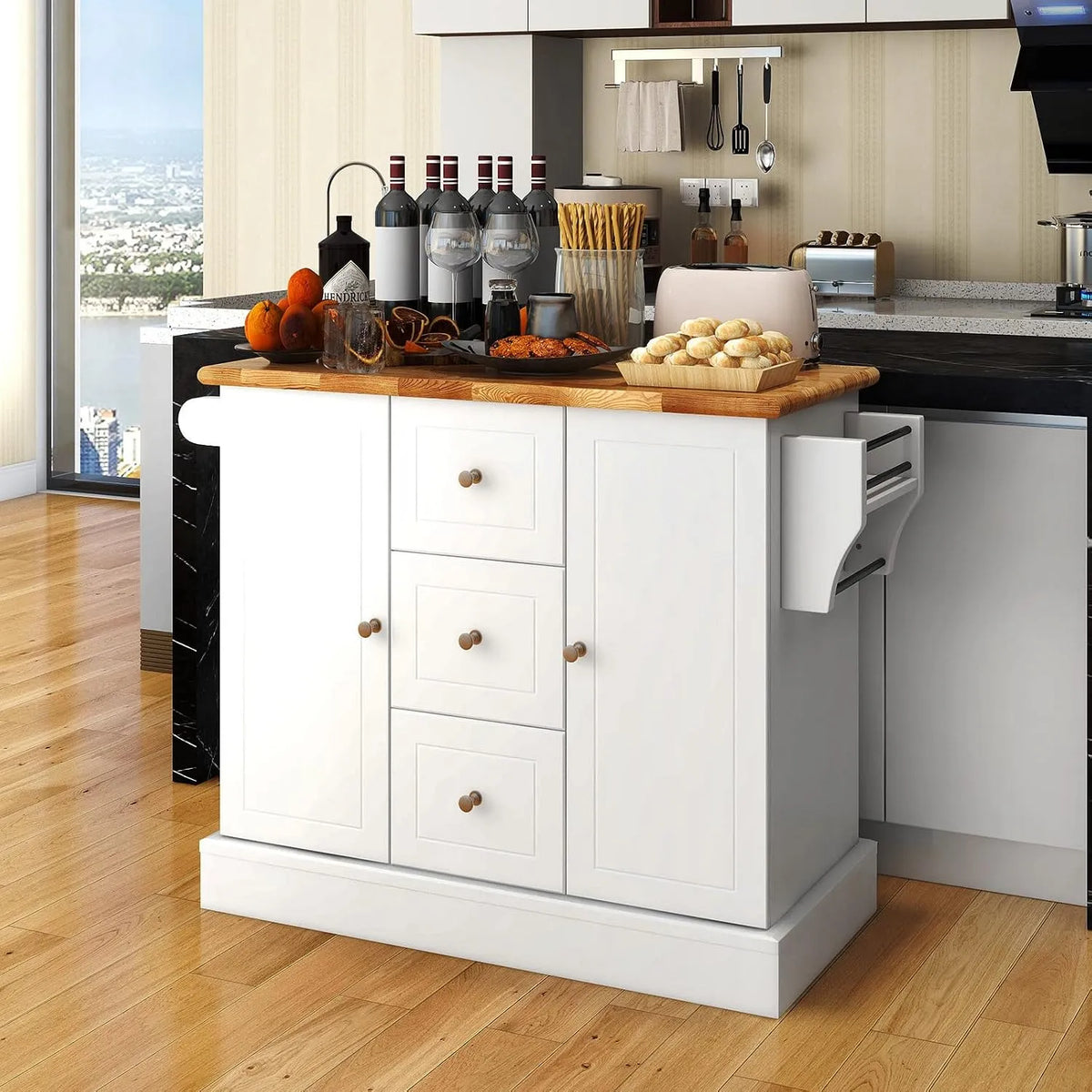 COSTWAY Ilot Central Cuisine Comptoir en Bois d'Hévéa – avec tiroirs, 3 Tiroirs, 46 × 127 × 91 cm, blanc
