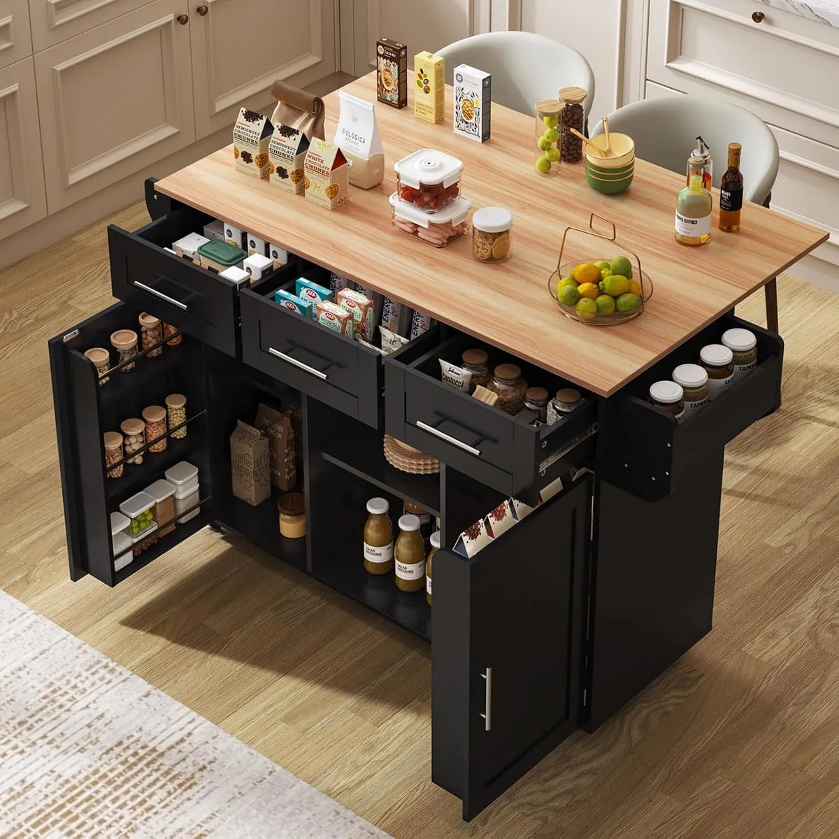 Îlot Central Cuisine avec Plan Rabattable – avec tiroirs, avec roulettes, 2 Portes, 2 Tiroirs, noir