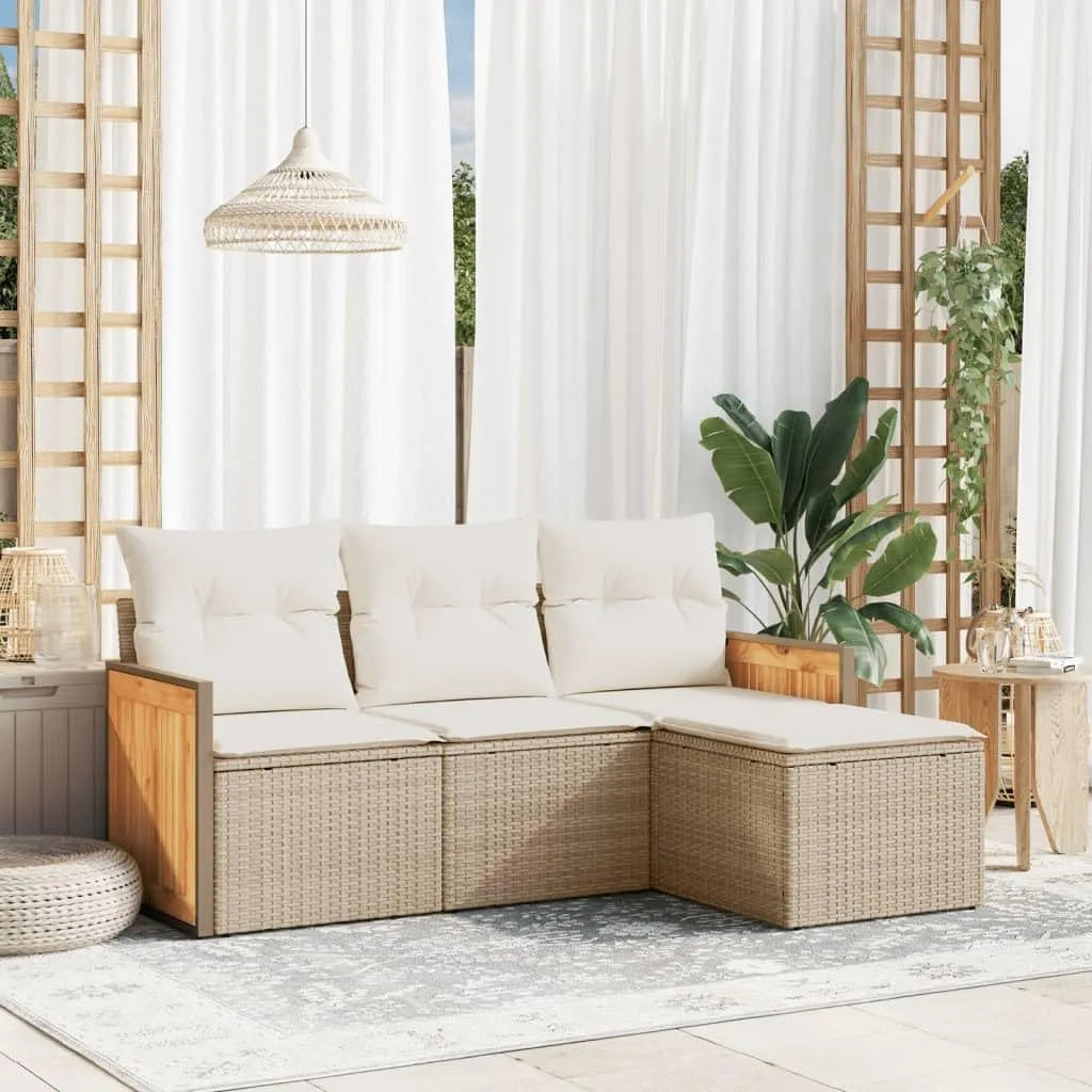 Ensemble de 4 canapés de jardin en rotin synthétique beige — modulaire, avec coussins