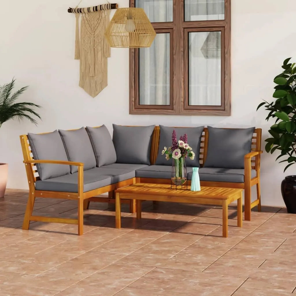 Salon de jardin et ensemble lounge: en bois, avec coussins, 4 pièces, 114, 5 × 60, 5 × 81 cm, gris, résistant aux intempéries