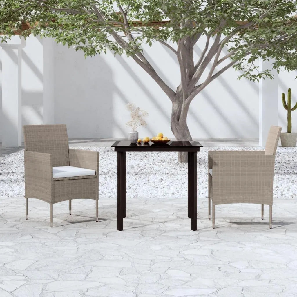 Salon de jardin et ensemble lounge — en verre, en acier, avec coussins, résistant à l'eau, 3 pièces, noir, en résine tressée
