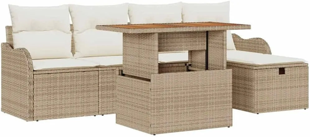 Canapé de jardin et sofa lounge extérieur – avec rangement, réglable, 6 pièces, beige, en résine tressée