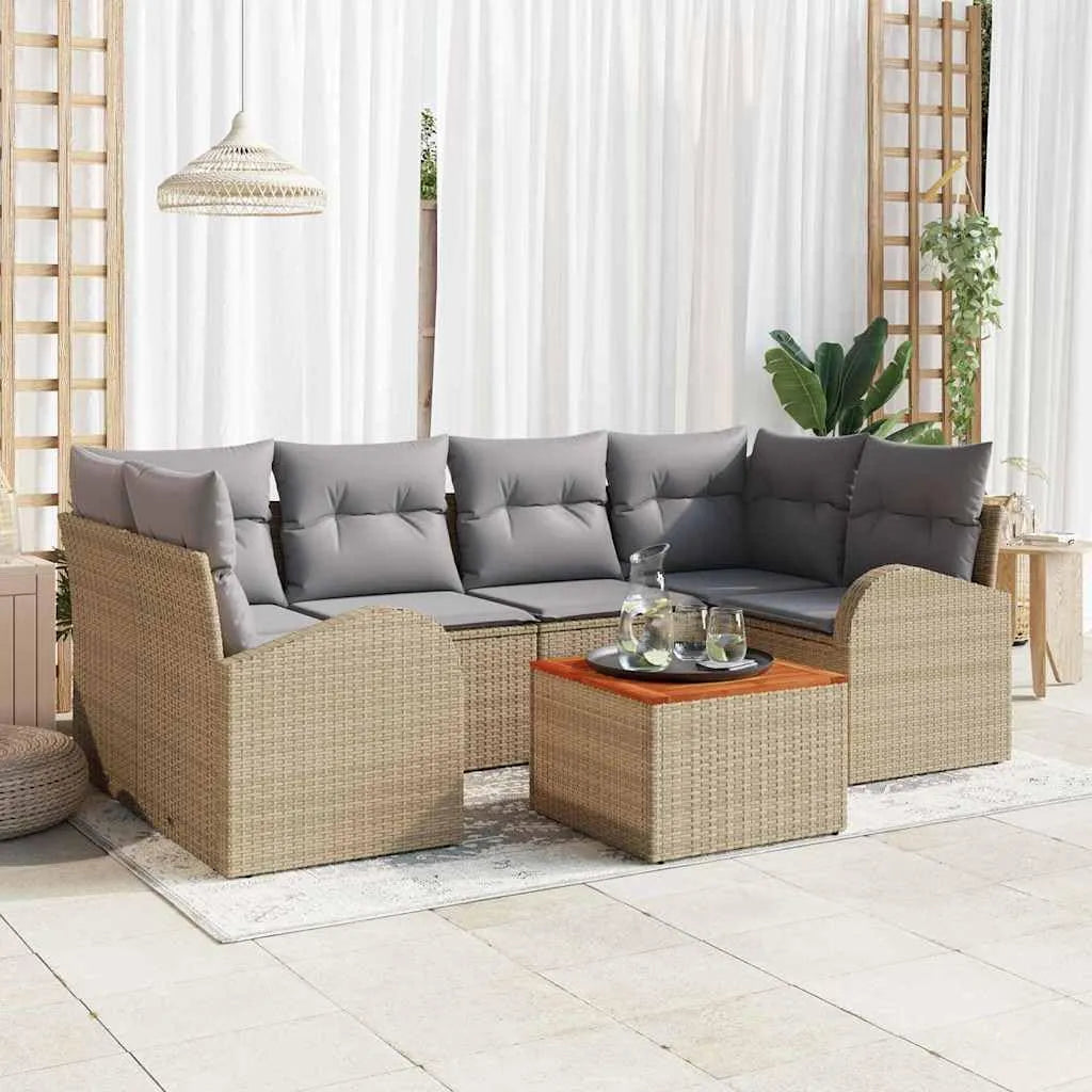 Salon de jardin et ensemble lounge – Ensemble de 7, beige, en résine tressée