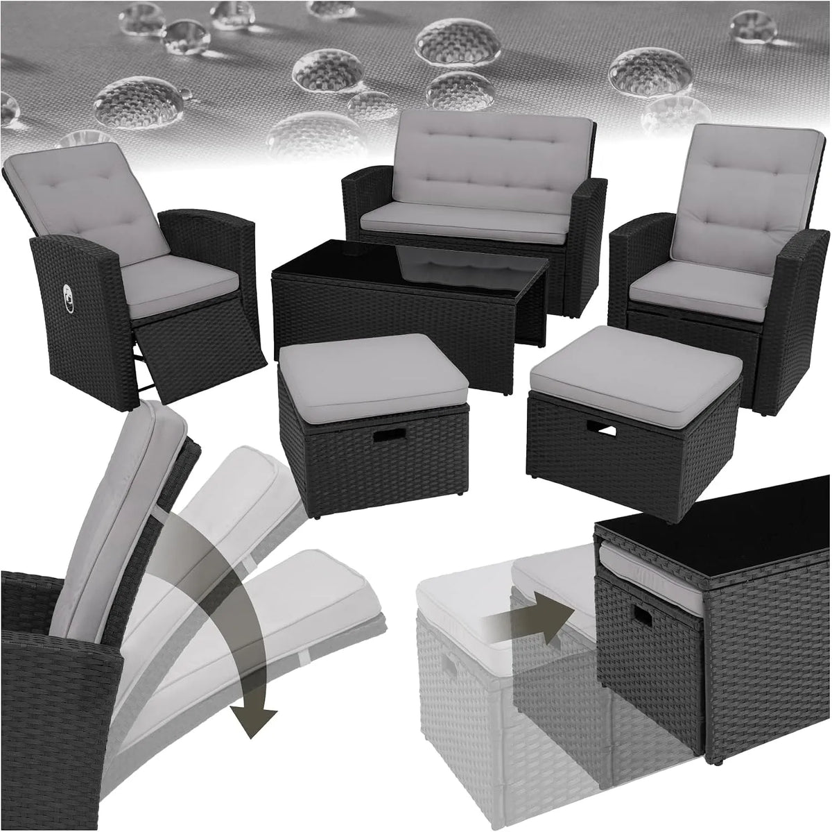 tectake Salon de jardin et ensemble lounge: avec dossier, réglable, 6 Places, inclinable, en résine tressée