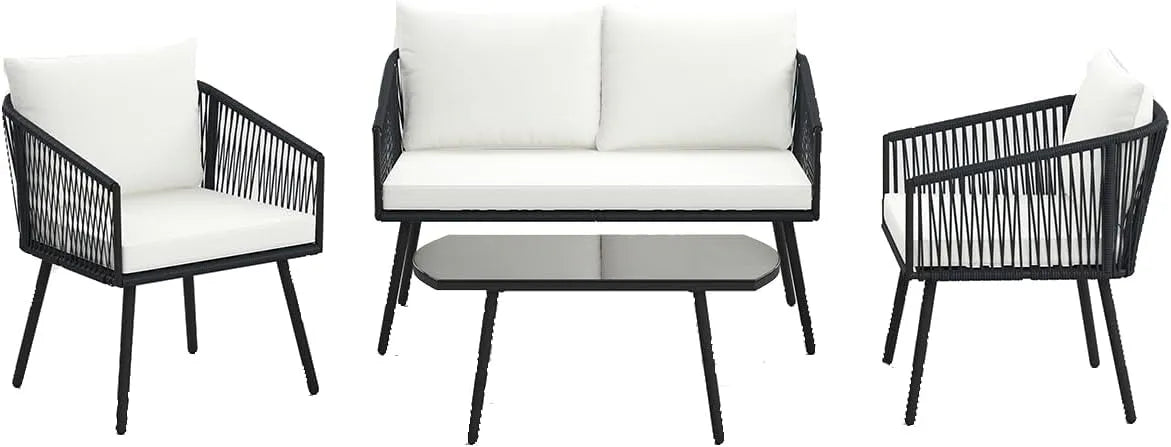 COSTWAY Salon de jardin et ensemble lounge – en verre, avec coussins, 4 Pièces, noir