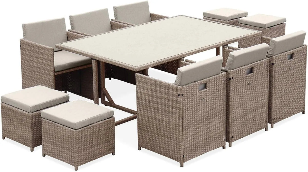Salon de jardin et ensemble lounge – avec coussins, 10 Places, beige