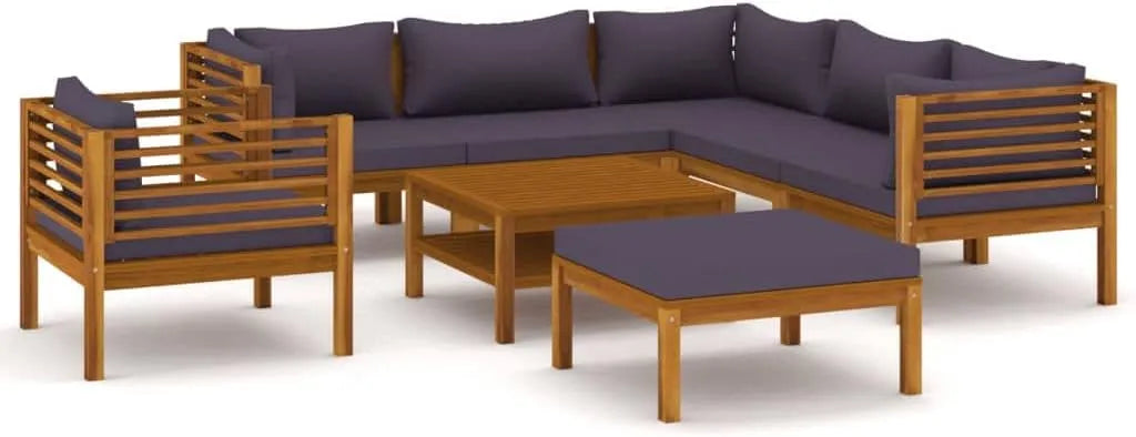 Salon de jardin et ensemble lounge — en bois, avec coussins, 8 pièces