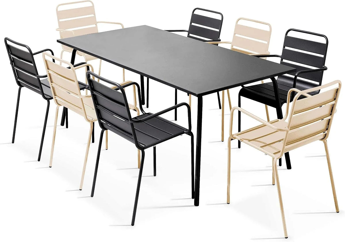 Oviala Ensemble Table de jardin et table de terrasse et 8 fauteuils en métal – Palavas, gris