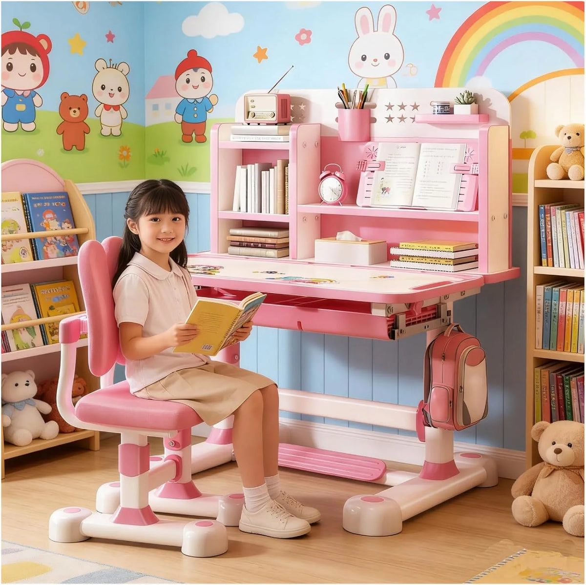 Bureau et table informatique: pour enfant, avec tiroirs, réglable, rose, inclinable