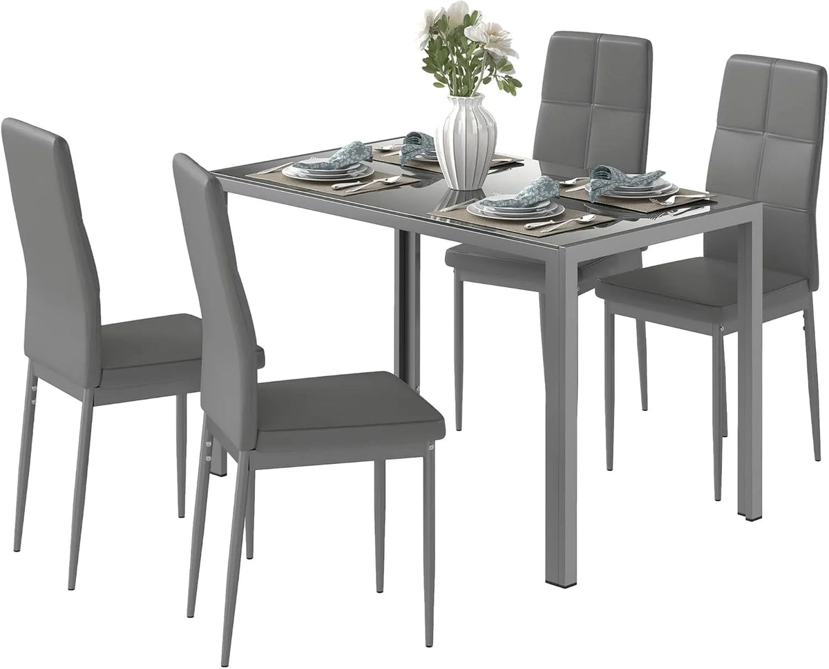 HOMCOM Table à manger et table de salle à manger — en verre, en cuir, en acier, gris