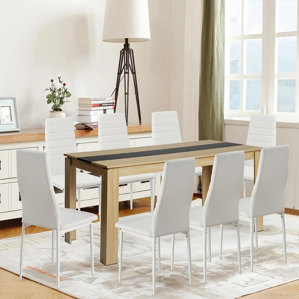 Table à manger et table de salle à manger: en cuir, avec dossier, 160 cm, noir