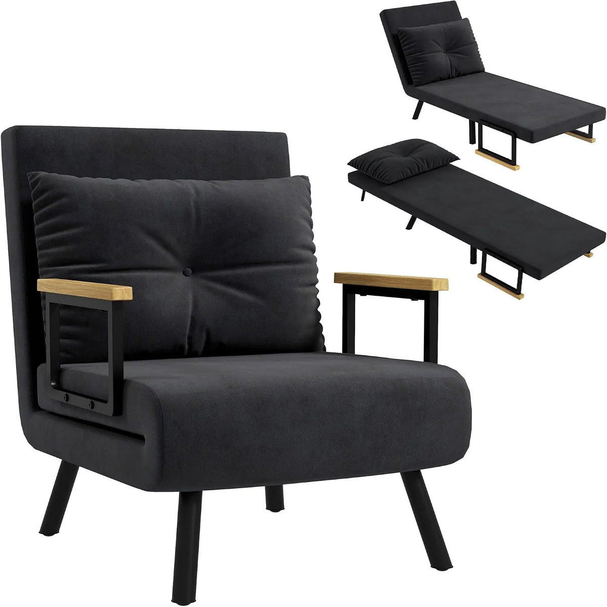 HOMCOM Canapé convertible et canapé-lit – revêtement en tissu, avec bureau, convertible, avec dossier, 1 Place, noir, réglable, revêtement en velours