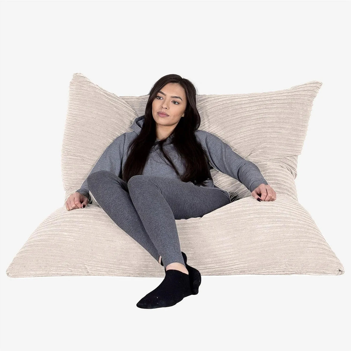 Lounge Pug Pouf Coussin Géant XXL en Velours Côtelé — Ivoire, avec coussins