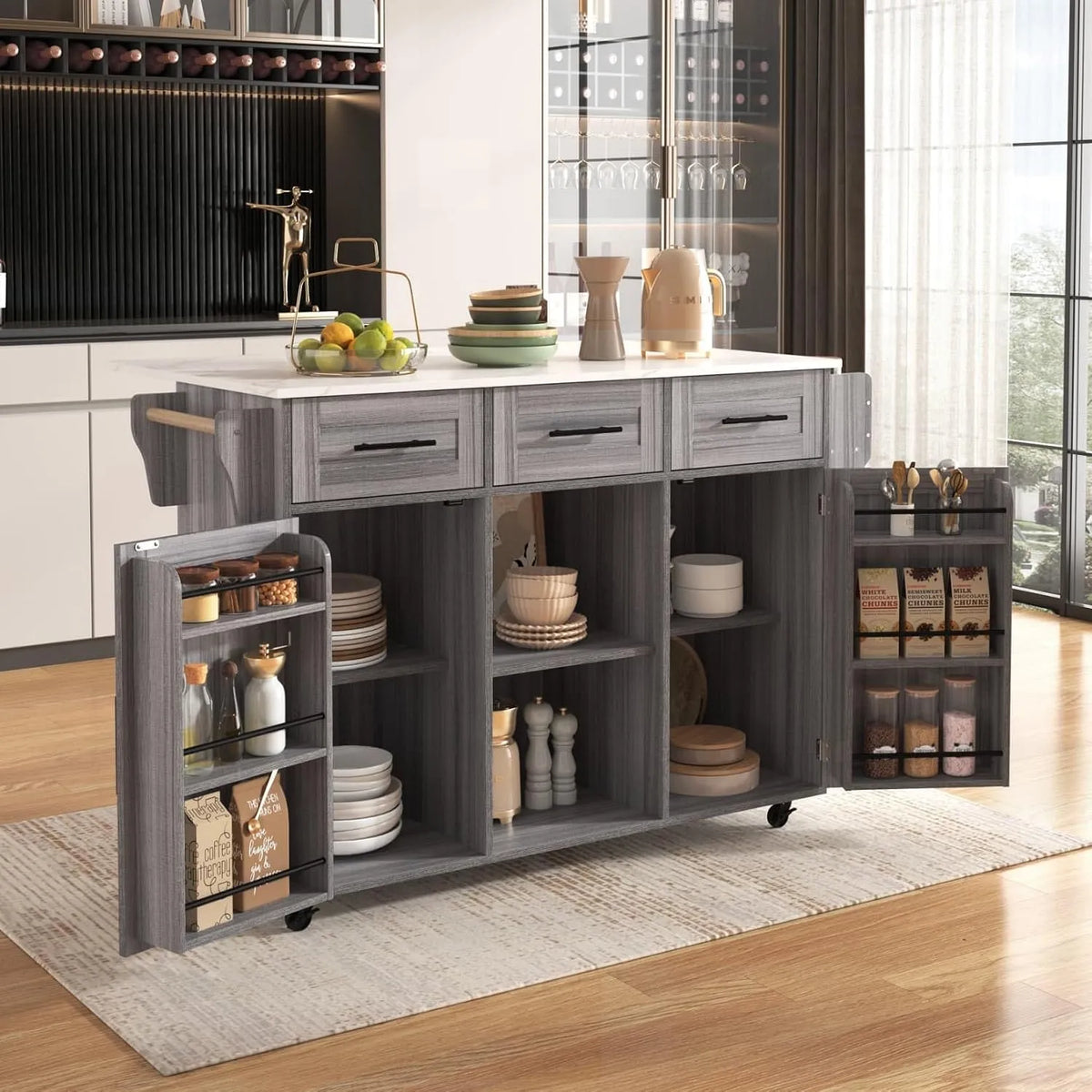 Desserte Cuisine 139x46x91.5cm – avec tiroirs, pliable, 3 Tiroirs, 139 × 46 × 91.5cm, gris