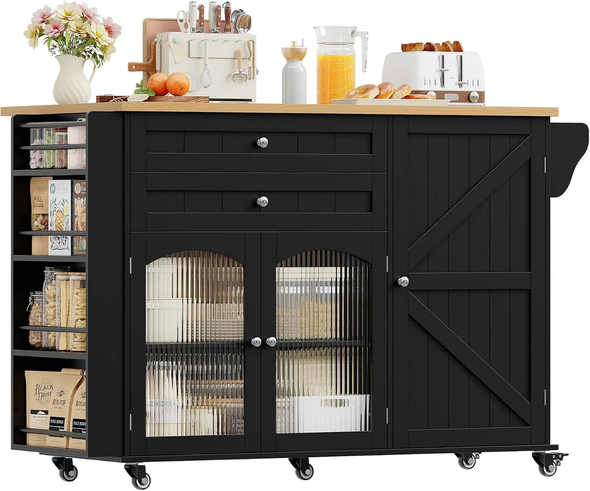 FirFurd Îlot Central Cuisine Desserte Cuisine à roulettes avec Plans – avec tiroirs, avec roulettes, 3 Portes, 2 Tiroirs, 132 × 40 × 97, 5cm, noir