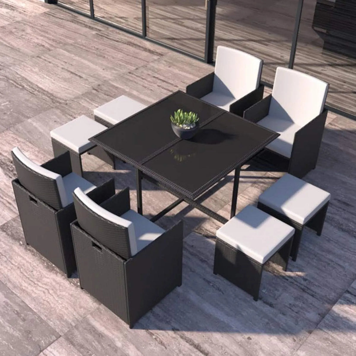 Salon de jardin et ensemble lounge – en verre, avec coussins, résistant à l'eau, noir