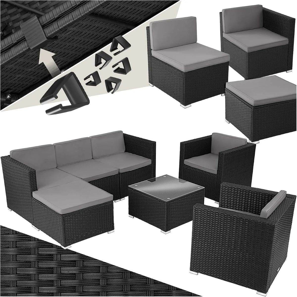 tectake Salon de jardin et ensemble lounge — avec coussins, 7 Places, en résine tressée