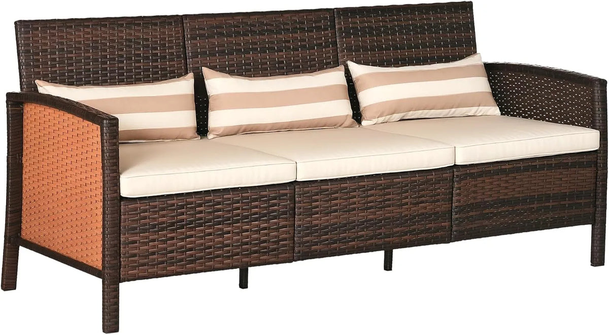 Outsunny Salon de jardin et ensemble lounge – en acier, avec coussins, 173 × 68 × 78 cm, marron, en résine tressée