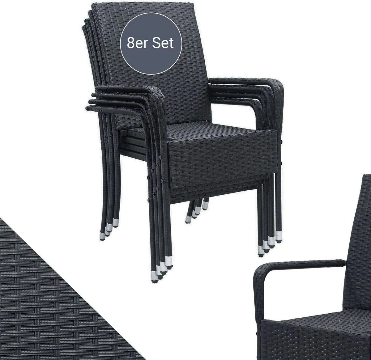 Chaises de jardin: avec accoudoirs, avec dossier, Ensemble de 8, noir, en résine tressée