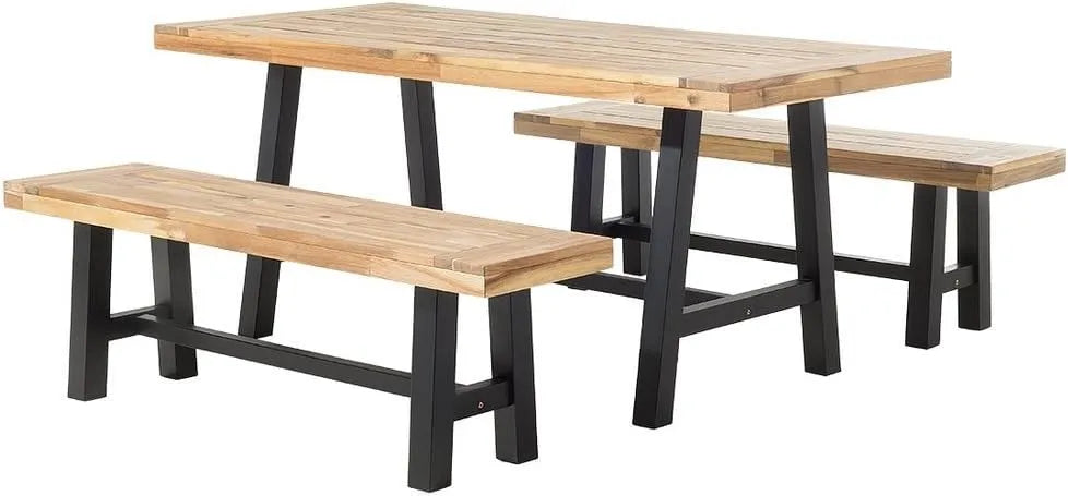 Table 170x80 cm et 2 Bancs de Jardin en Bois: 170 × 80 cm, noir