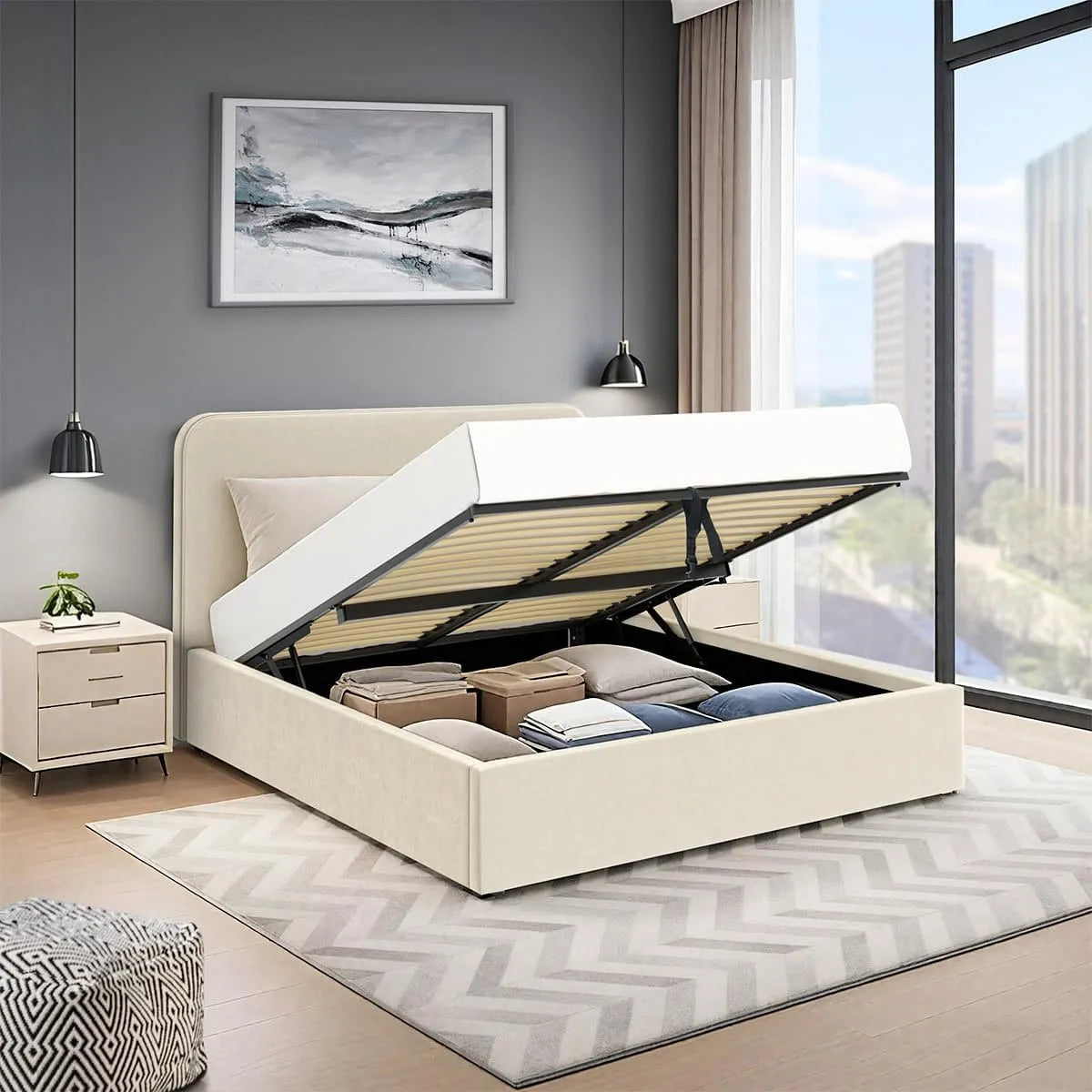 Lit Coffre tête de lit Haute – Anton, revêtement en tissu, 160 × 200 cm, beige, revêtement en velours