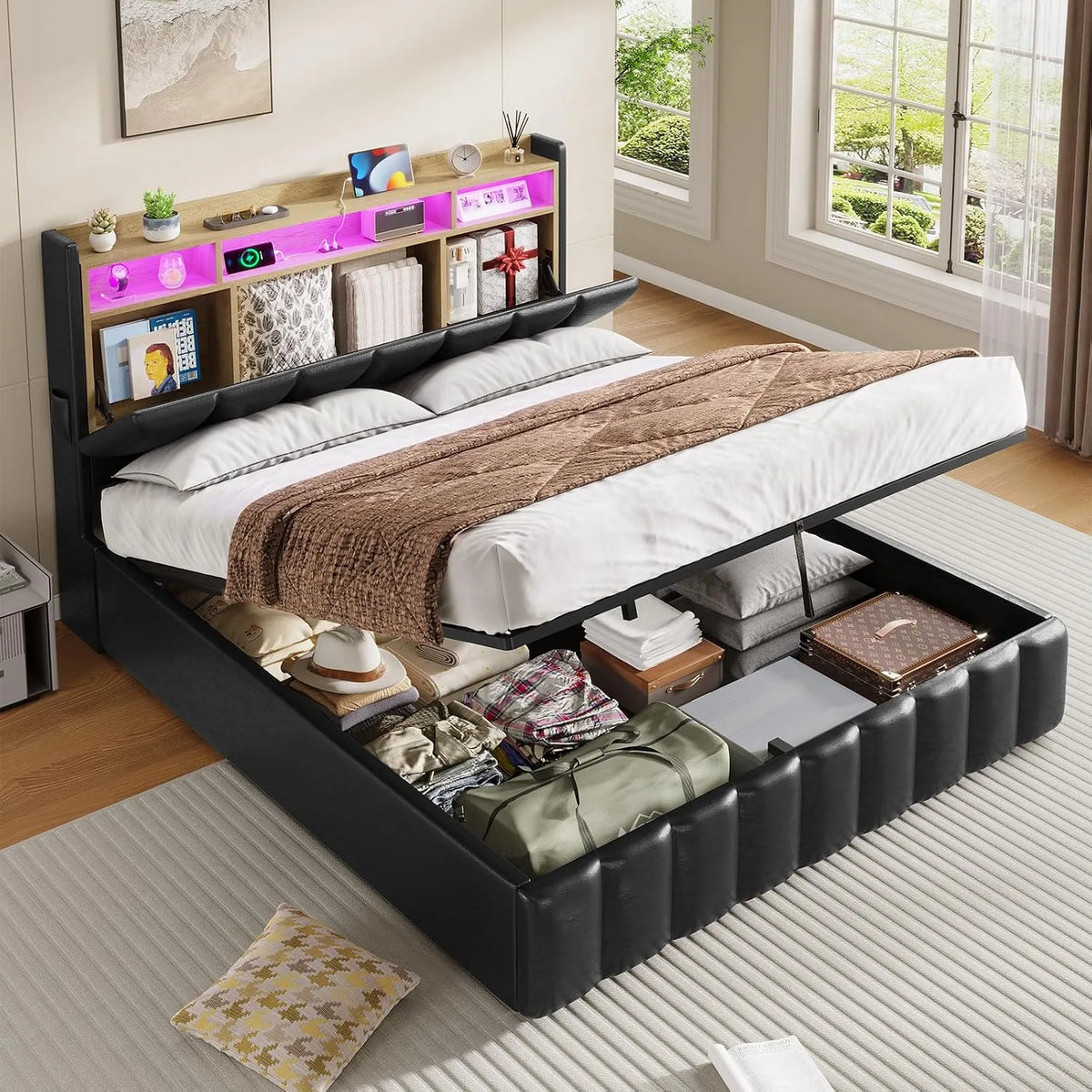 Lit Coffre 160 x 200 à LED — en bois, avec rangement, avec Bibliothèque et étagère de rangements, affichage LED, 160 × 200, noir, avec étagères