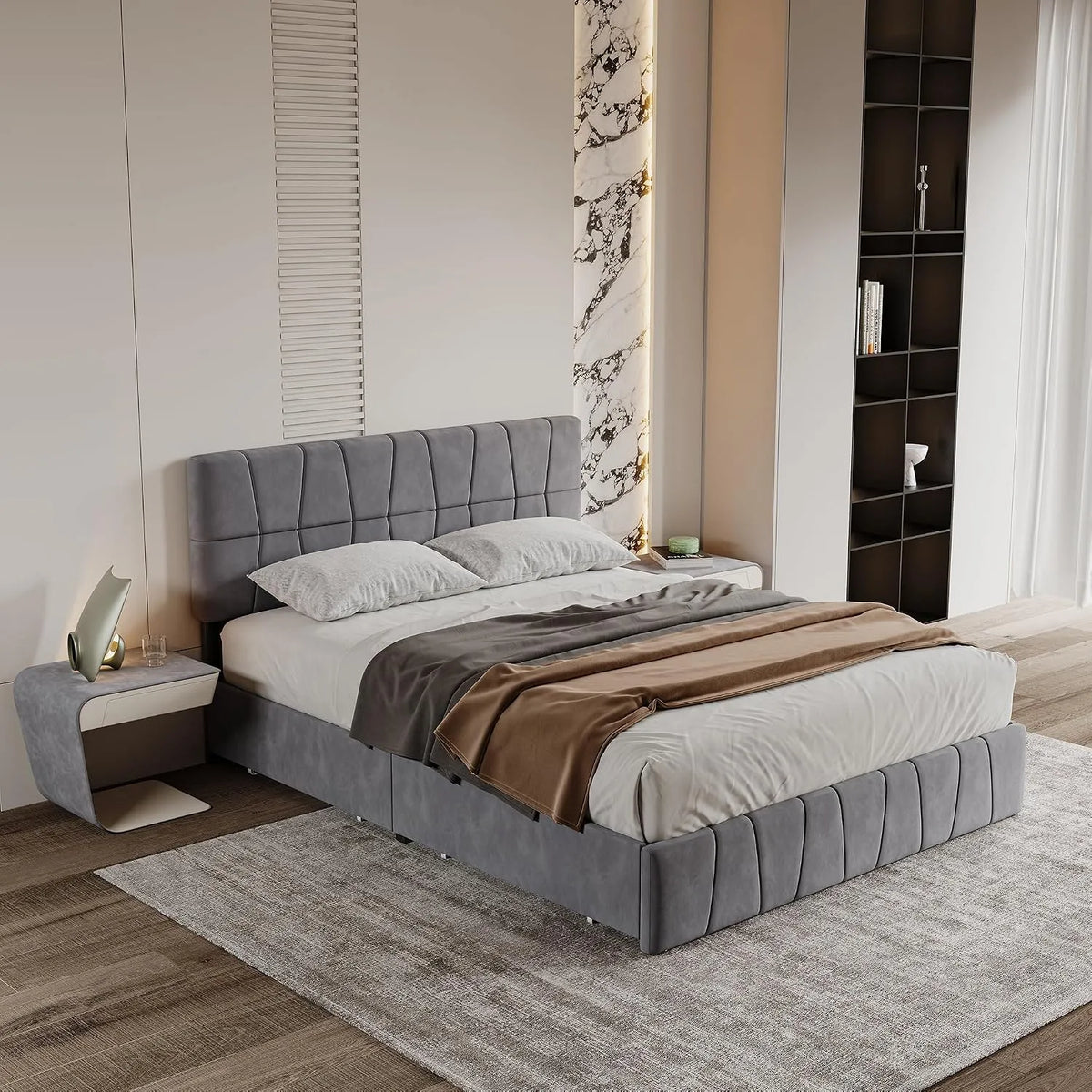 Lit Double 160x200 cm avec 4 tiroirs — avec rangement, avec tiroirs, réglable, 160 × 200 cm, gris, hauteur réglable, revêtement en velours