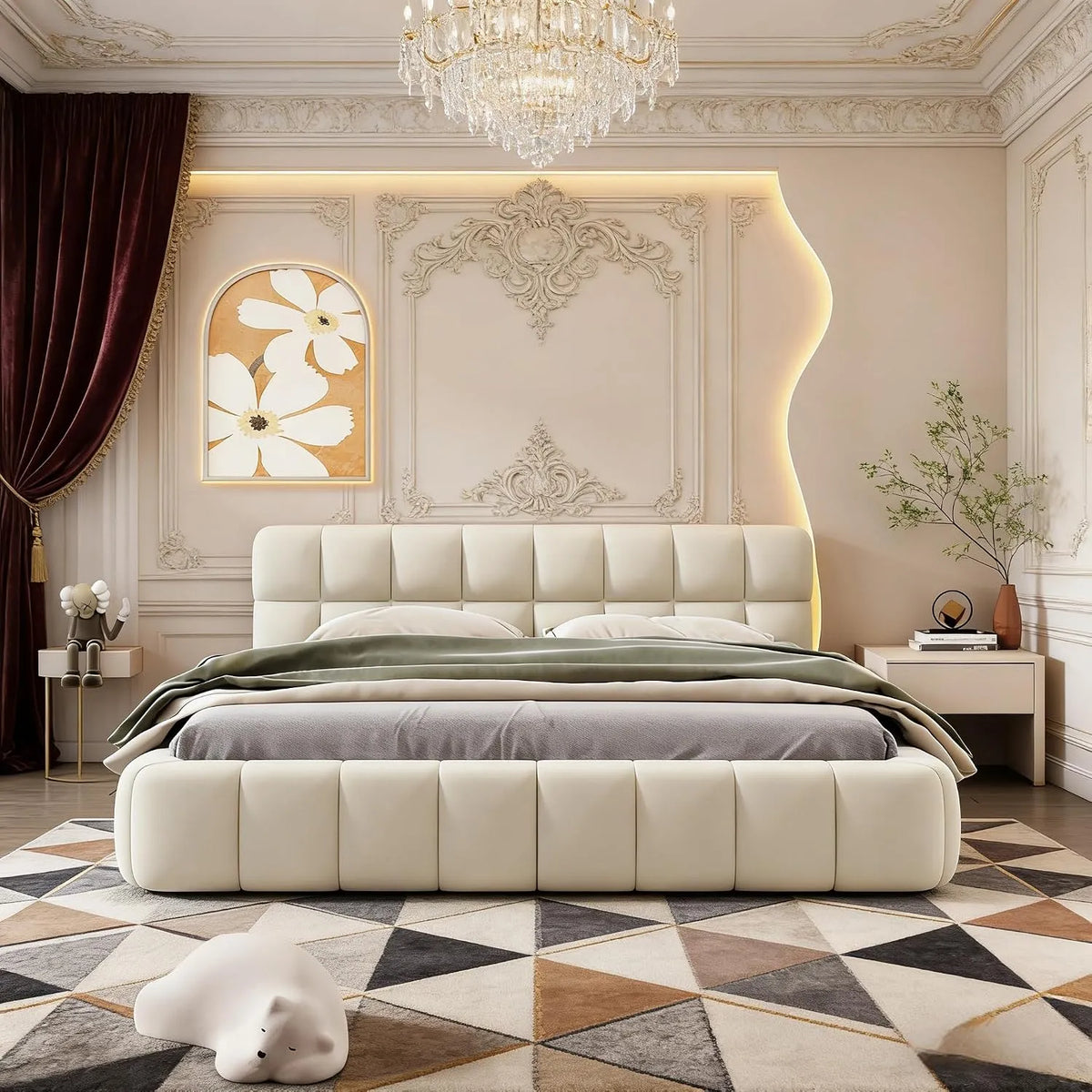 Lit rembourré et cadre de lit tapissé — 140 × 190cm, 140 × 190 cm, beige, revêtement en tissu