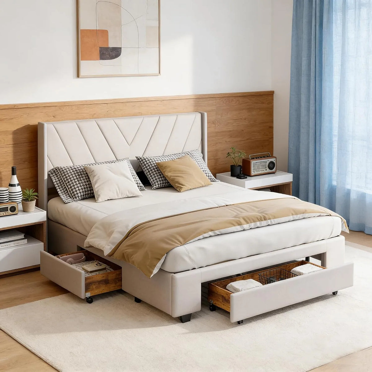 Lit Double 140x200cm avec 3 tiroirs en Bois Massif — avec rangement, avec tiroirs, 140 × 200cm, beige