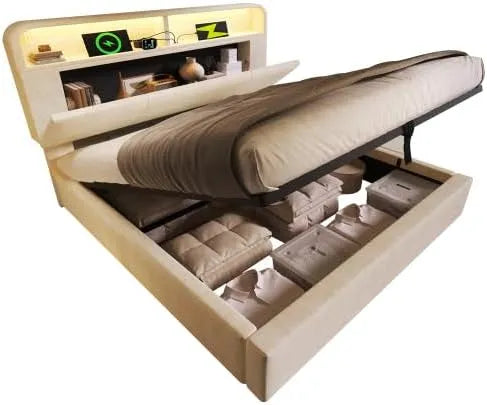 Lit double rembourré — avec rangement, avec port USB, réglable, affichage LED, 140 × 200 cm, beige, hauteur réglable, revêtement en velours