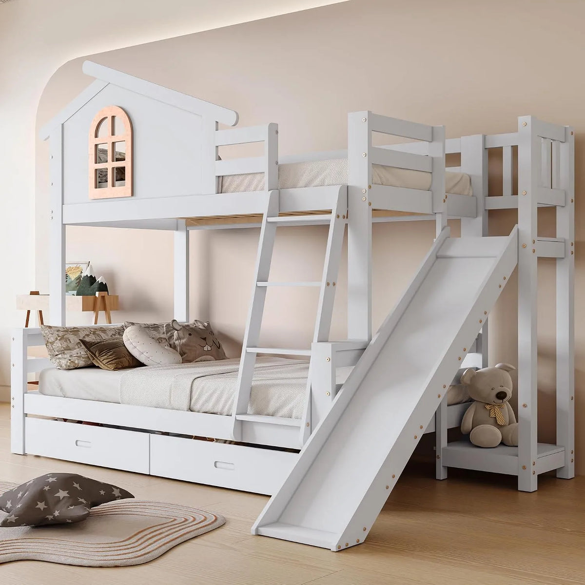Lit superposé et lit mezzanine — pour enfant, en bois, avec tiroirs, avec escalier, 90 × 200 cm, 120 × 200 cm, blanc, en bois massif