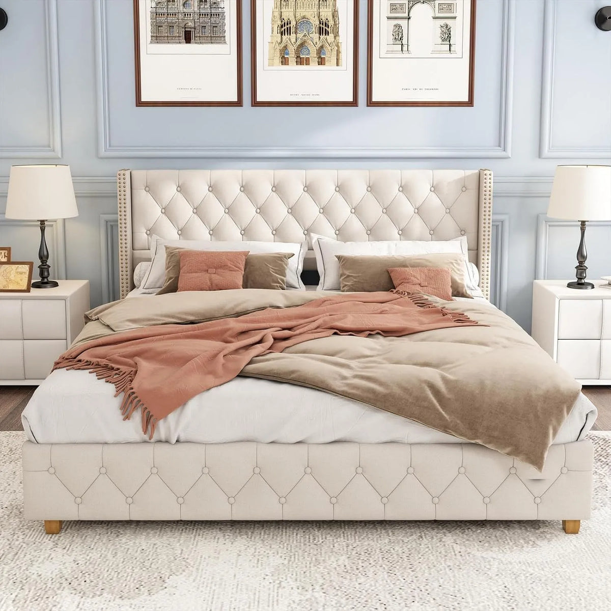 Lit Double 140x190 avec Sommier à Lattes – pour enfant, revêtement en tissu, en bois, 2 Places, 140 × 190, beige
