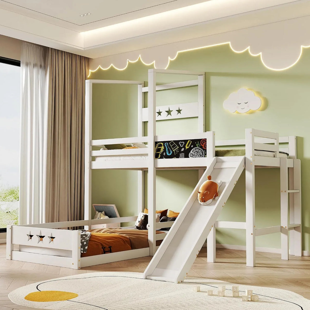 Lit superposé et lit mezzanine — pour enfant, en bois, avec toboggan, avec barrière anti-chute, 90 × 200 cm, en bois massif