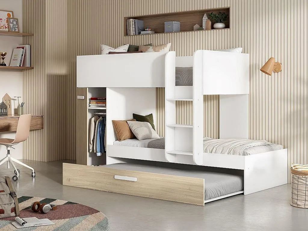 Vente-unique: pour enfant, avec rangement, avec tiroirs, 3 × 90 × 190 cm, blanc, revêtement en tissu