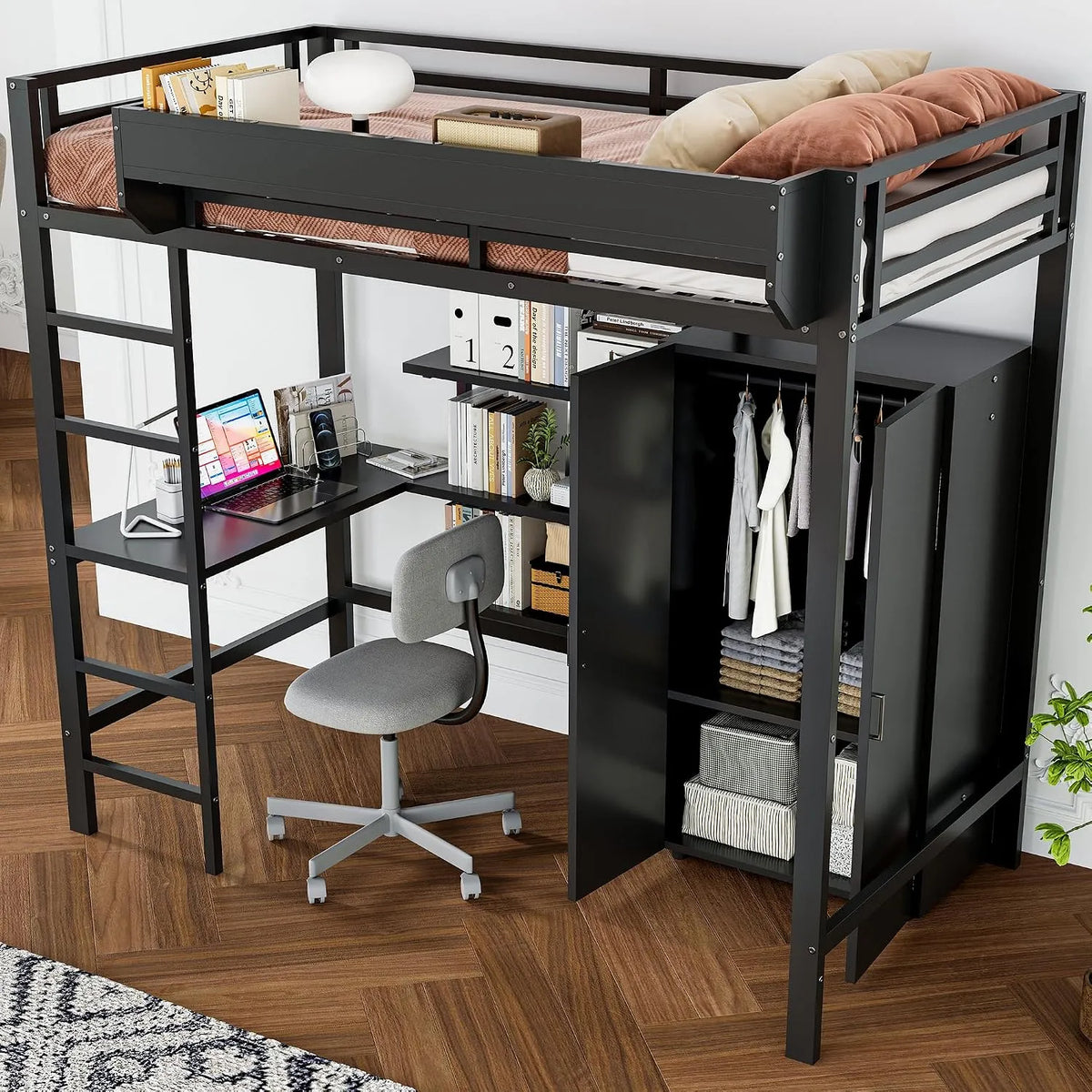 Armoire de rangement – pour enfant, en métal, format compact, avec rangement, 90 × 200 cm, noir