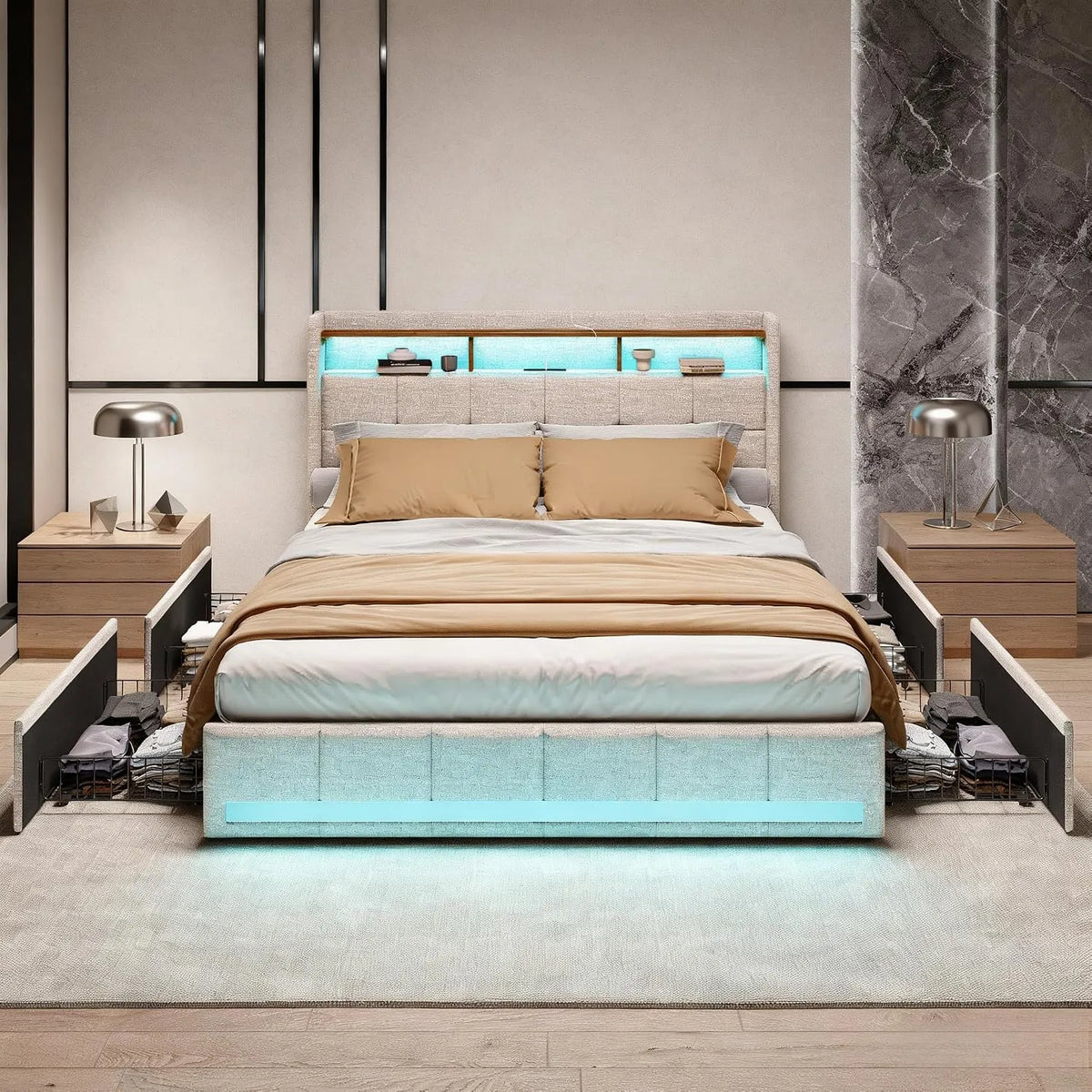 Lit 140x190 avec sommier éclairage LED et Charge USB – avec rangement, avec tiroirs, avec port USB, affichage LED, 4 tiroirs, 140 × 190, 140 × 190 cm