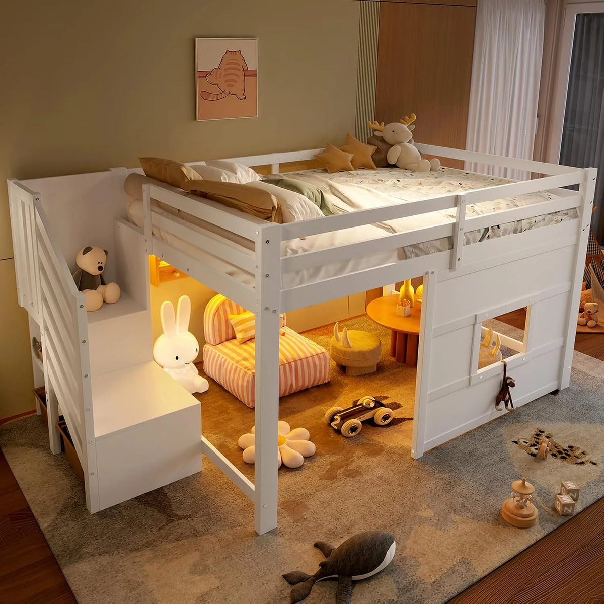 Lit mezzanine – pour enfant, en bois, avec rangement, avec escalier, 140 × 200 cm, blanc, revêtement en tissu