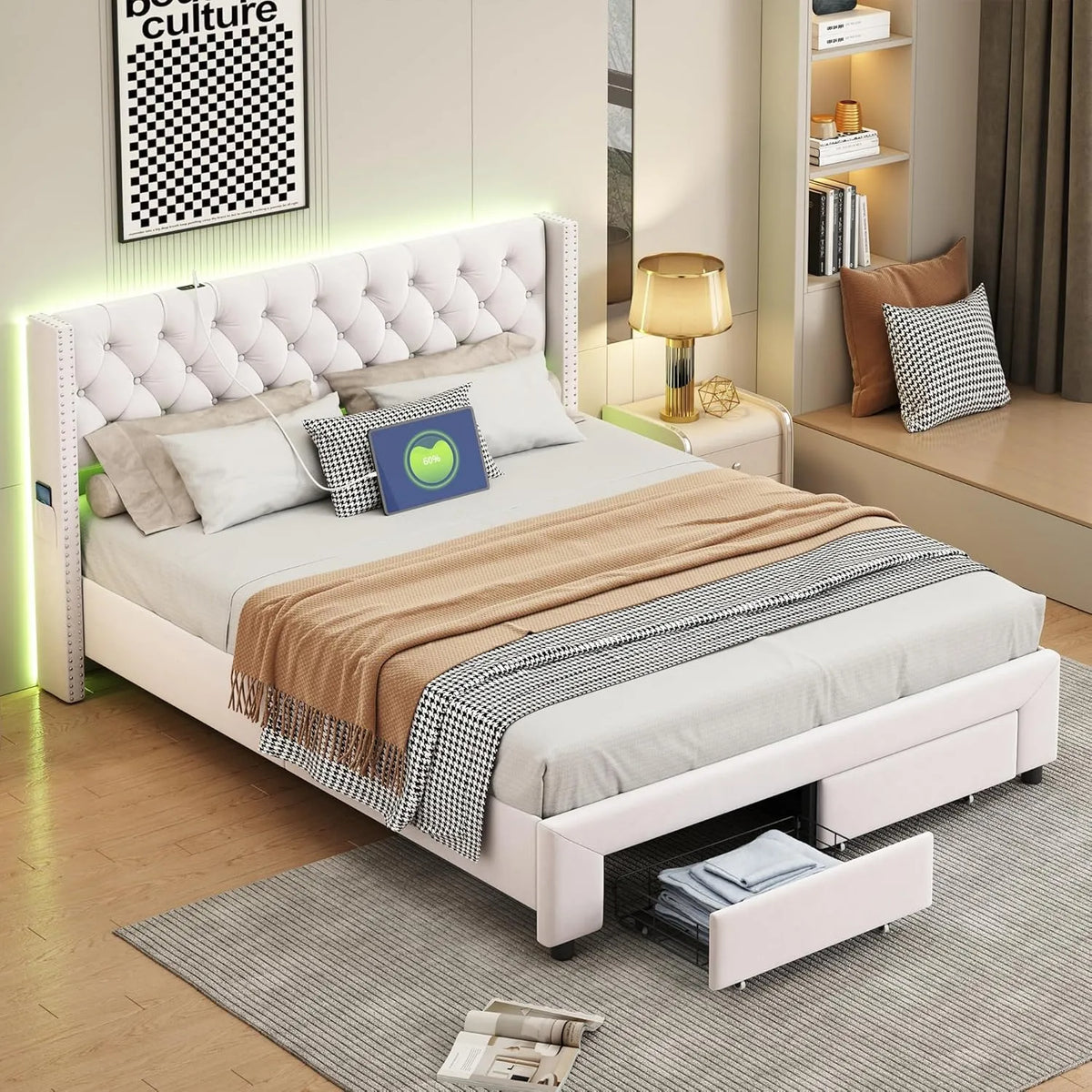 Lit Double 140x190 avec Coffre Intégré — RGB, avec tiroirs, avec port USB, éclairage RGB, affichage LED, 2 Tiroirs, 140 × 190, revêtement en velours