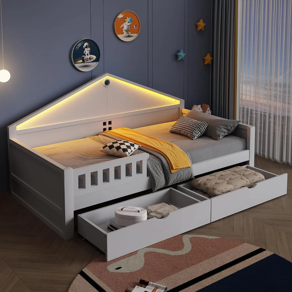 Lit Enfant 90 x 200 cm: pour enfant, avec tiroirs, affichage LED, 2 tiroirs, 90 × 200 cm, blanc, revêtement en tissu
