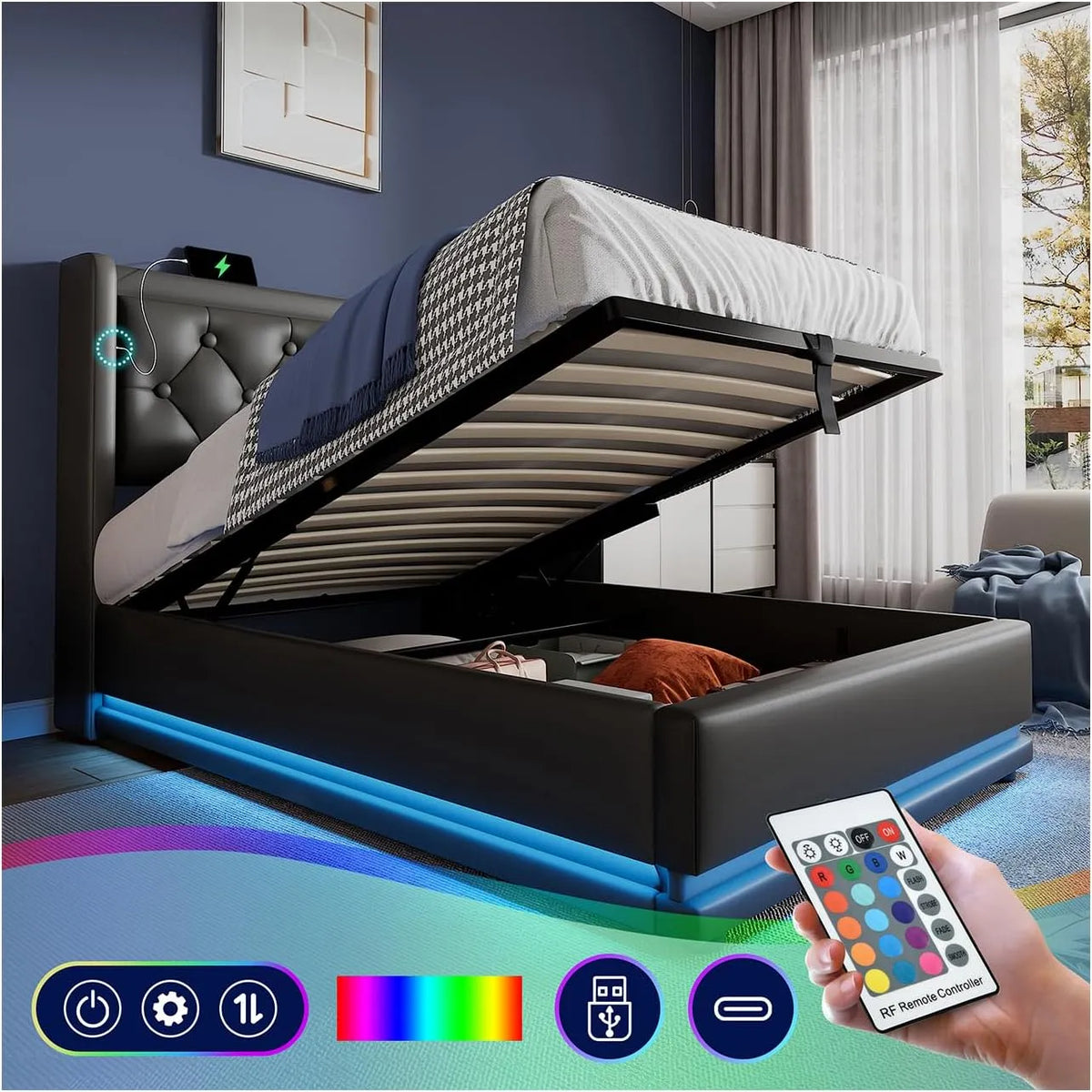 Lit rembourré et cadre de lit tapissé: avec rangement, avec port USB, affichage LED, 90 × 200 cm