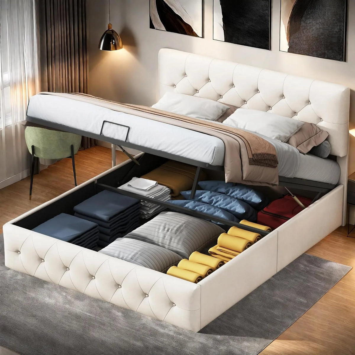 Lit Double 160x200 avec Tête Capitonnée et Rangement: avec rangement, 160 × 200, beige, revêtement en velours