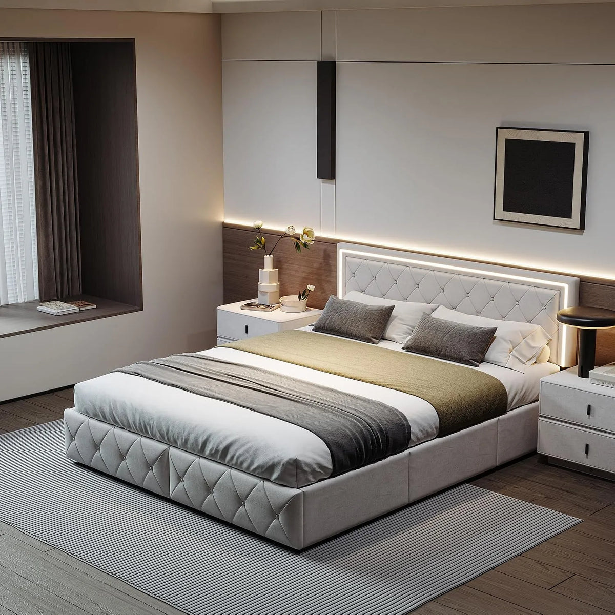 Lit Coffre 160x200 cm avec LED – avec rangement, avec tiroirs, avec port USB, affichage LED, 4 Tiroirs, 160 × 200 cm, blanc