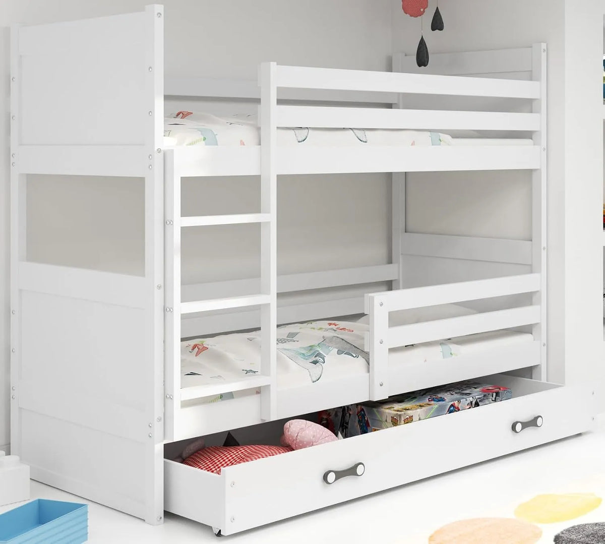 Lit superposé et lit mezzanine – pour enfant, en bois, avec tiroirs, 90 × 190, blanc, en bois massif, revêtement en tissu