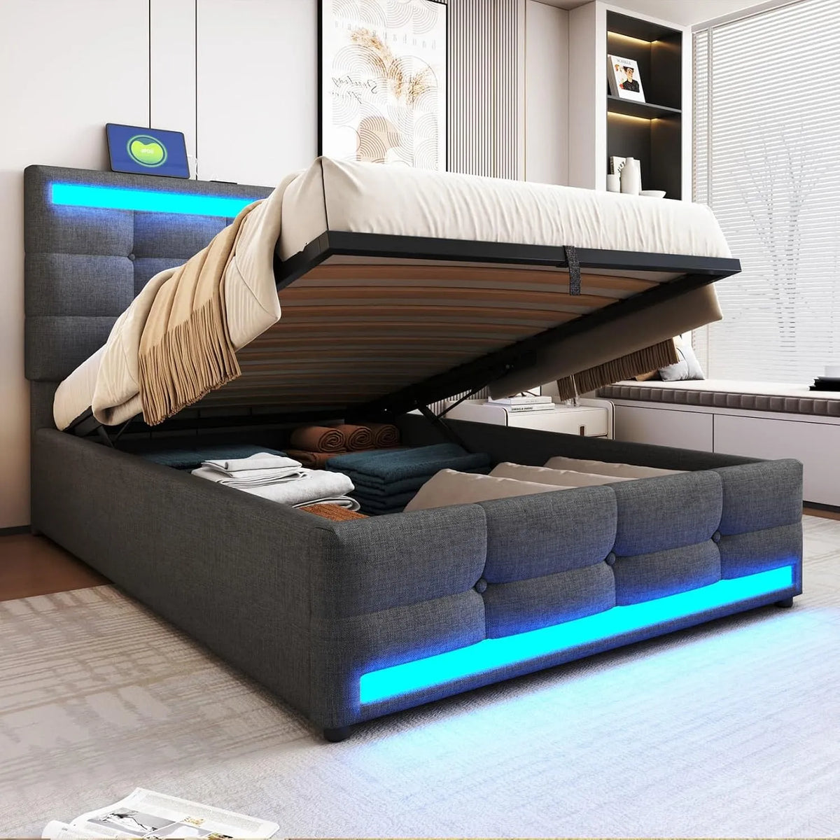 Lit 1 Personne 90x200cm avec éclairage LED et Port USB: revêtement en tissu, avec rangement, avec port USB, réglable, 90 × 200cm, gris