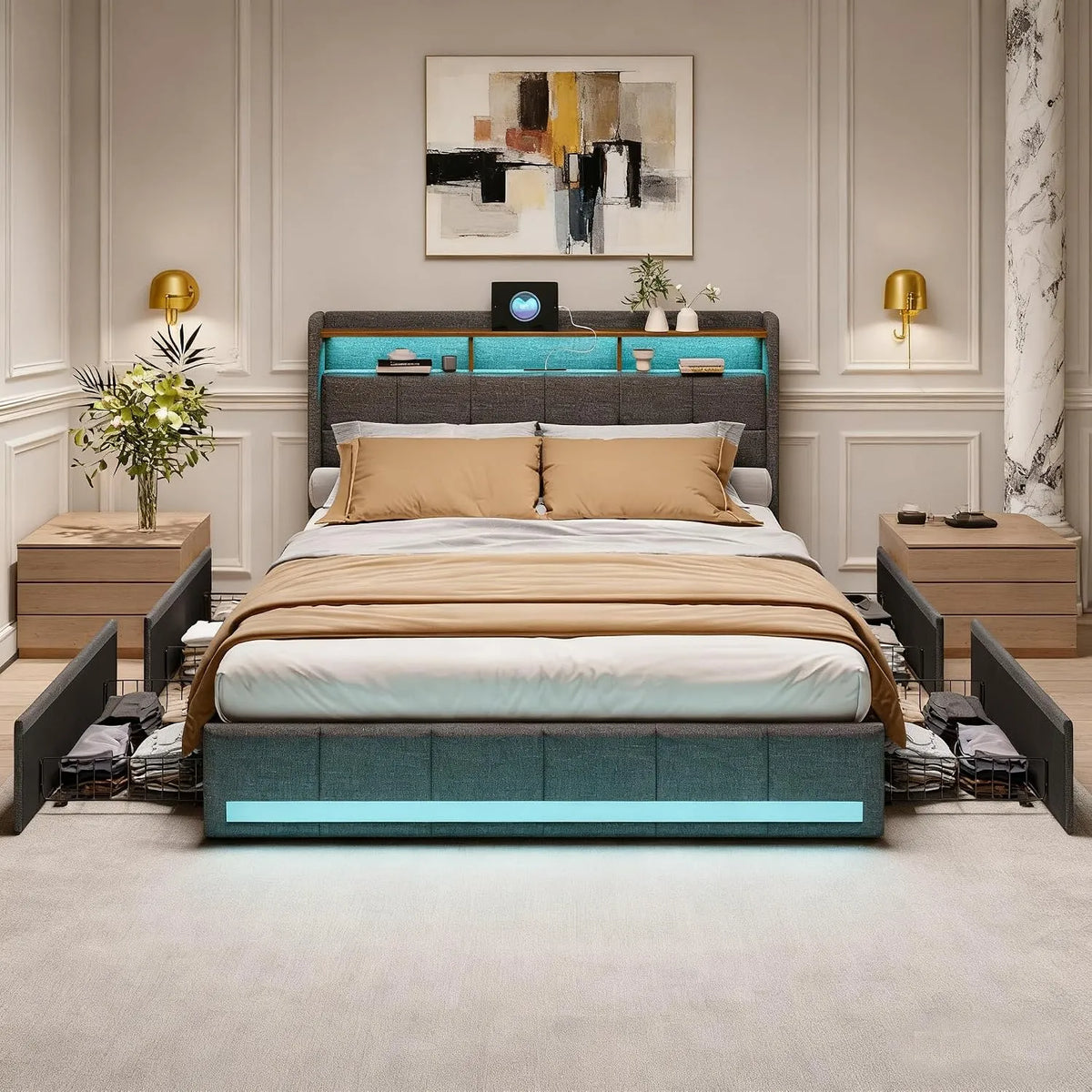 Lit rembourré et cadre de lit tapissé – avec rangement, avec tiroirs, avec port USB, affichage LED, 4 tiroirs, 160 × 200 cm, gris