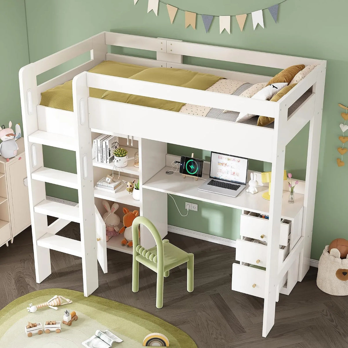 Armoire de rangement: USB-C, pour enfant, avec escalier, avec Bureau et table informatique, avec armoire, 90 × 200 cm, blanc