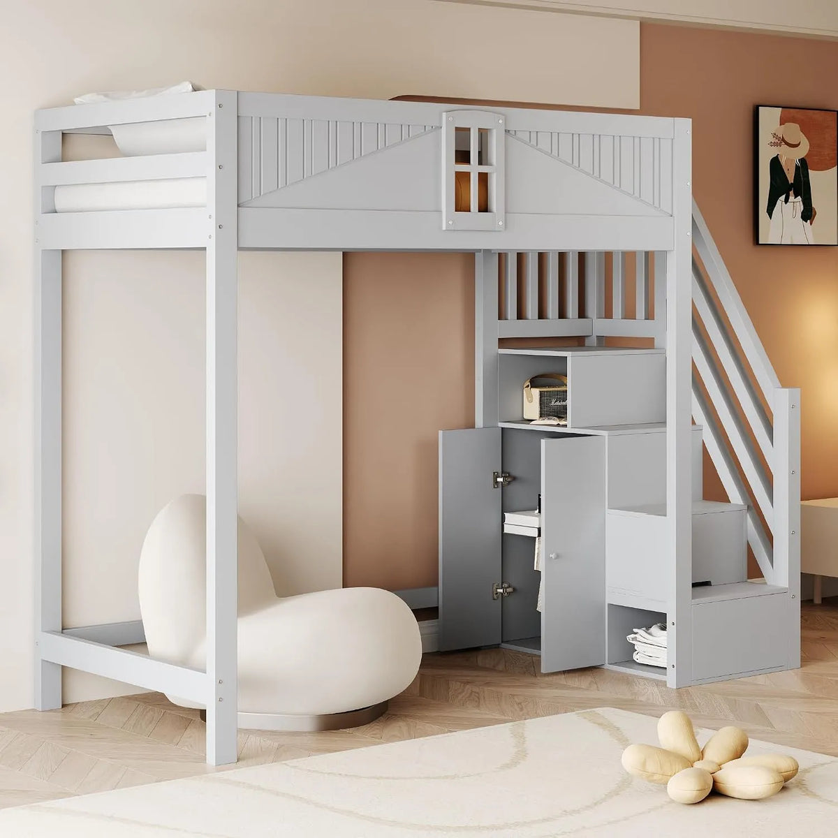 Merax Lit mezzanine en bois massif 90 x 200 cm — pour enfant, angle gauche, angle droit, 90 × 200 cm, gris, revêtement en tissu